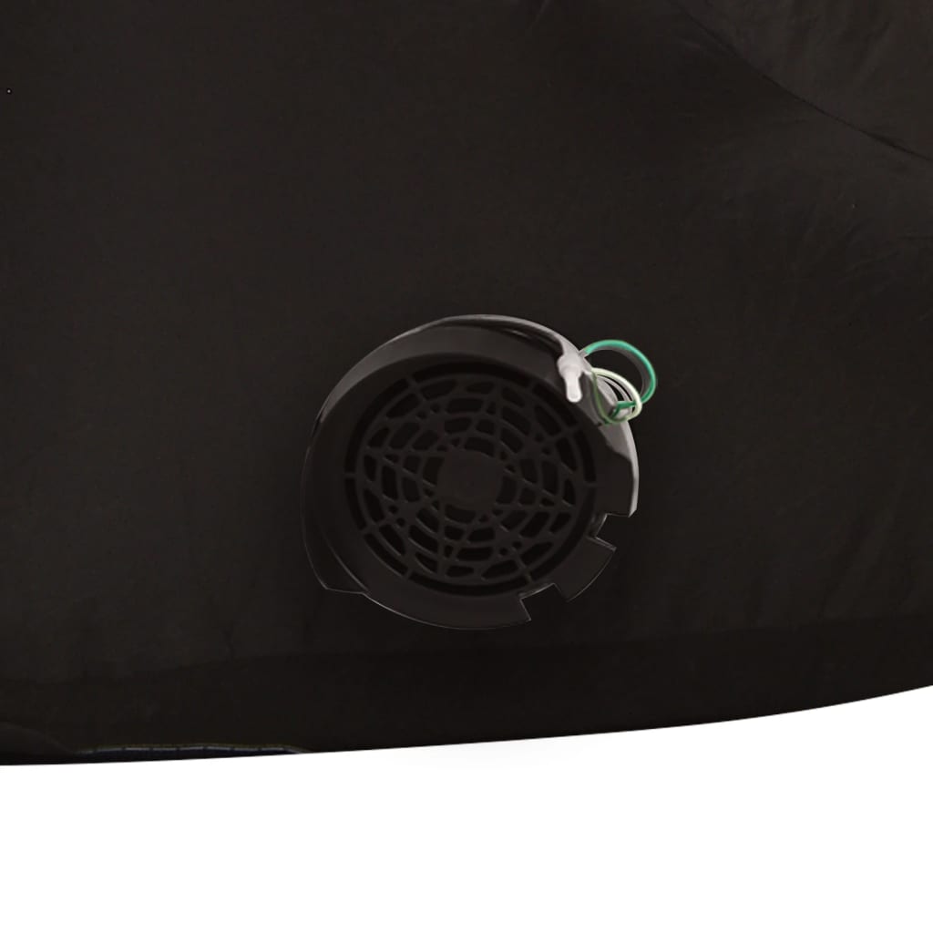 A 145.7-inch inflatable LED Santa Claus decoration for outdoor Christmas use, featuring a black weatherproof shell and built-in fan.