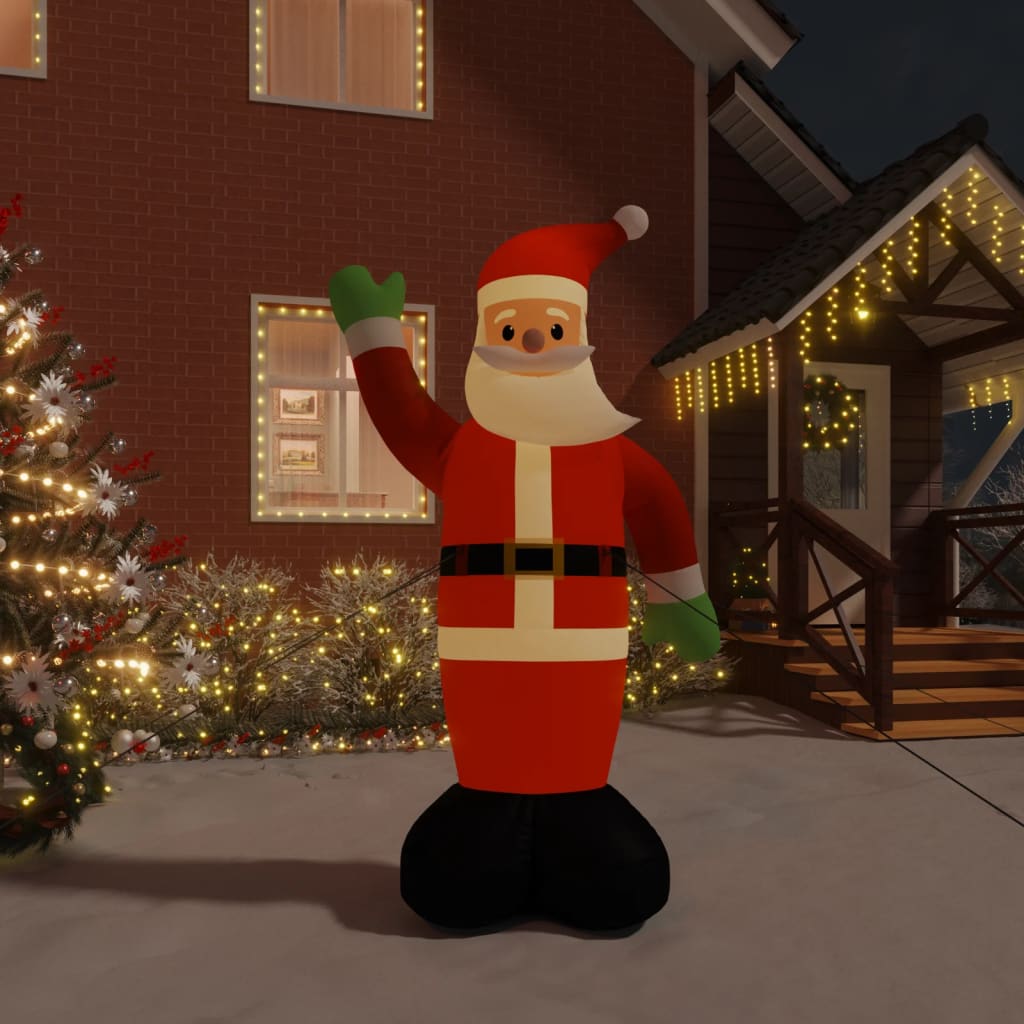 Inflatable LED Santa Claus figure, 145.7 inches tall, waving outside a house with Christmas lights.