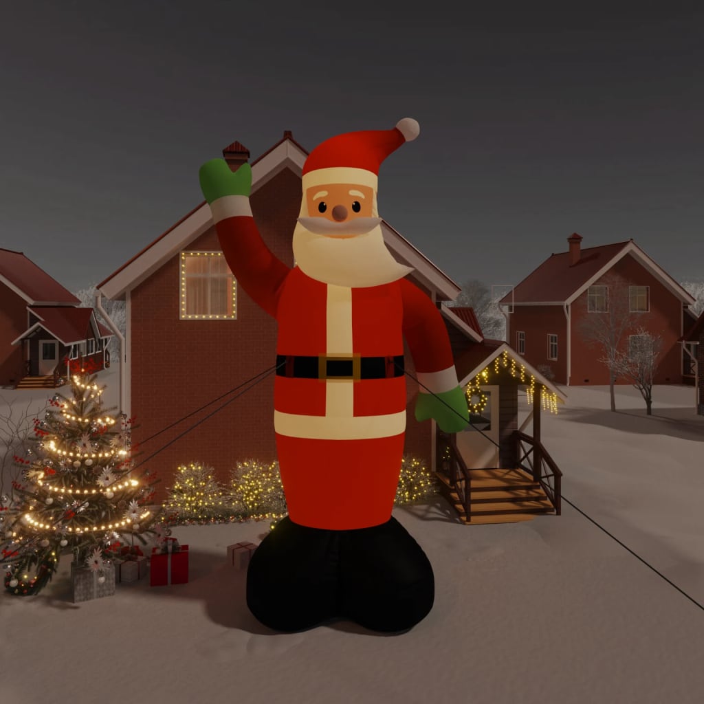 10ft inflatable LED Santa Claus in multicolor Oxford fabric, standing with gifts by a house.