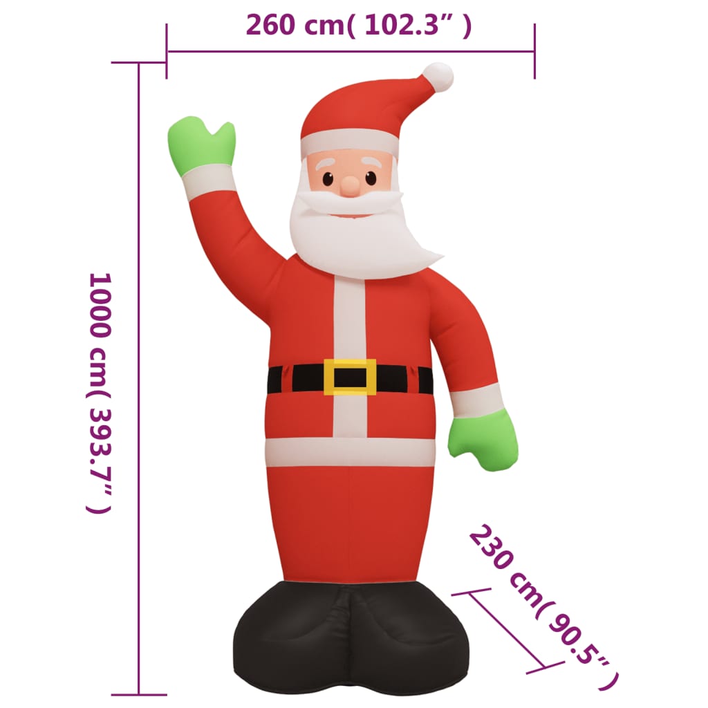 12-foot inflatable Santa Claus figure with LEDs, measuring 260 cm tall and 230 cm wide, shown with dimensions.