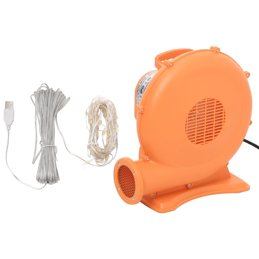 Orange inflatable blower with USB cable and LED string lights for 12ft Santa Claus decoration.