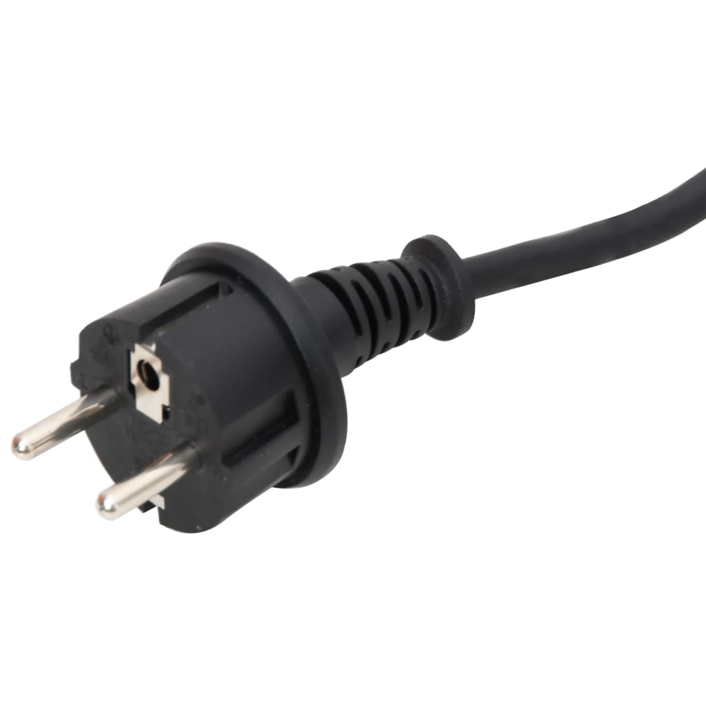 Close-up of a black European power plug with two pins and ground.