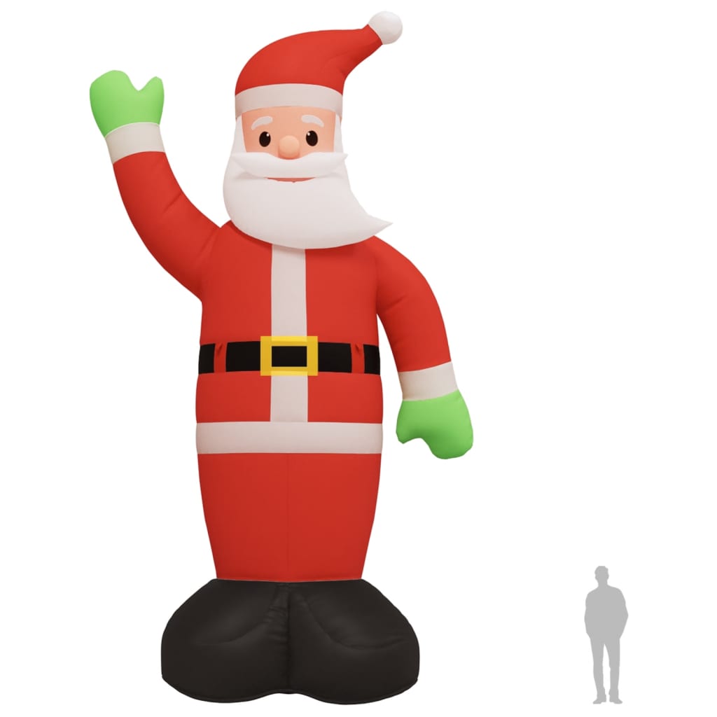12ft inflatable Santa Claus waving with green mittens, red suit, white beard, and LEDs for outdoor Christmas decor.