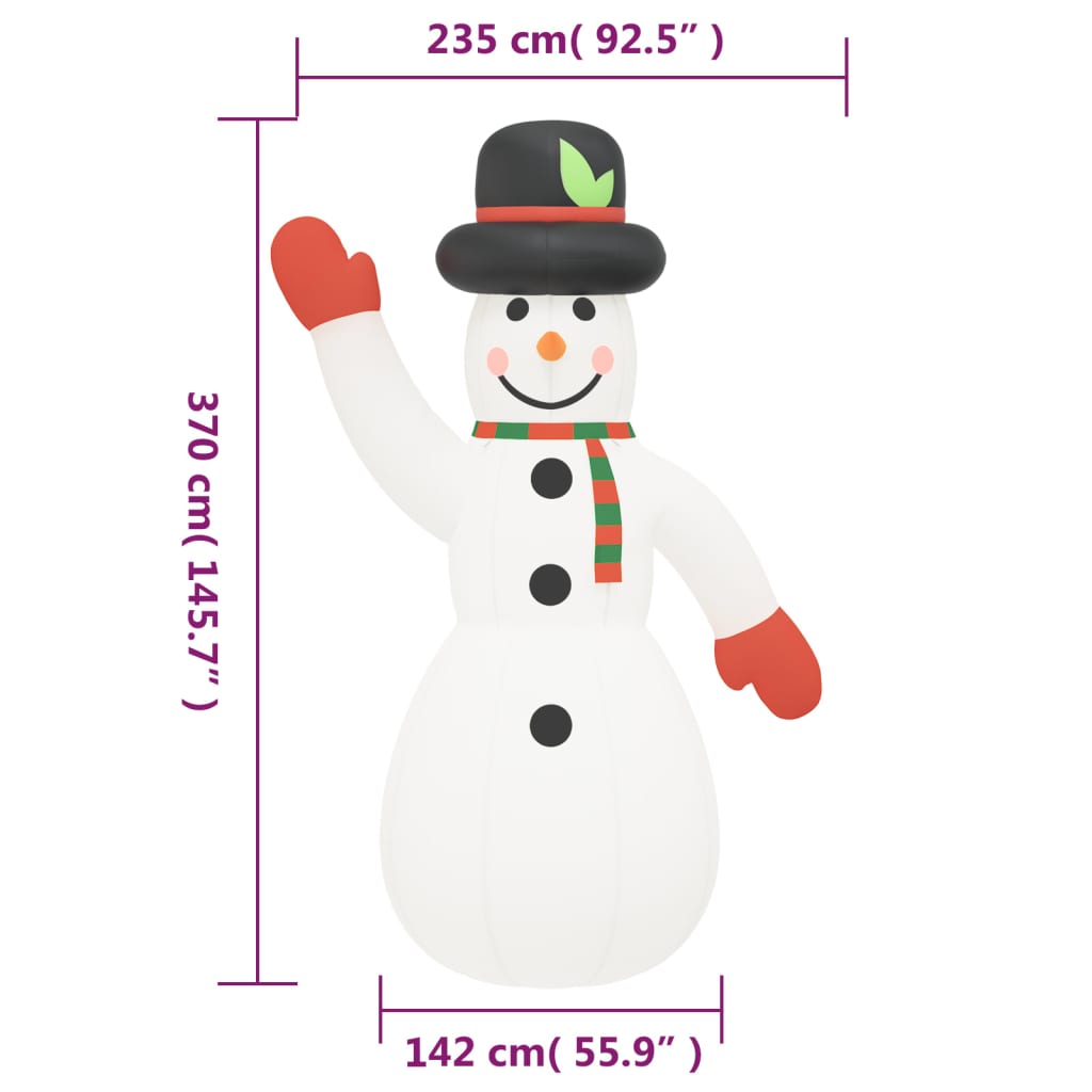 A 145.7-inch tall white inflatable snowman made of Oxford fabric, with black hat, green leaf, red mittens, and green-red scarf.