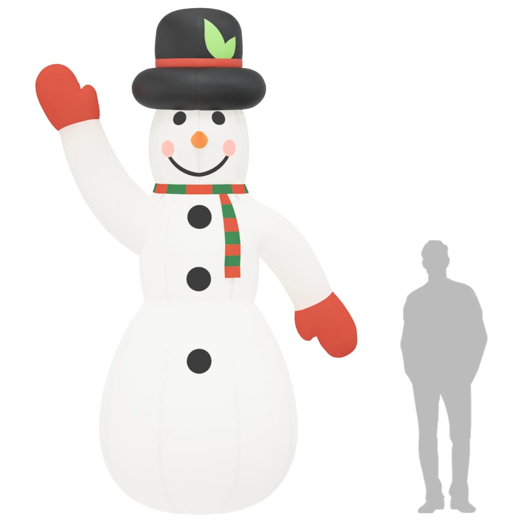 A 145.7-inch white inflatable snowman with black hat, green scarf, red mittens, and LED lights.