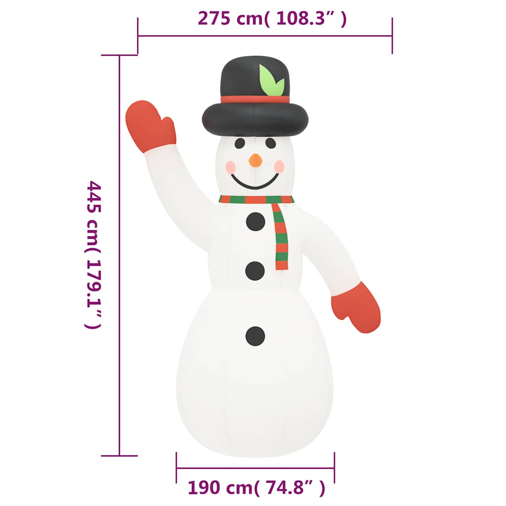 A 179.1-inch white inflatable LED snowman for outdoor Christmas decoration.