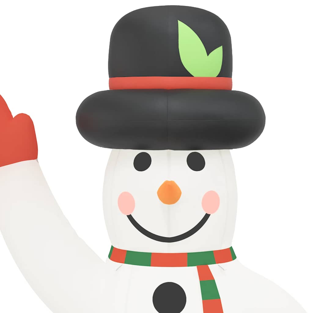 Inflatable LED snowman, 179.1 inches tall, white with red gloves and green scarf.
