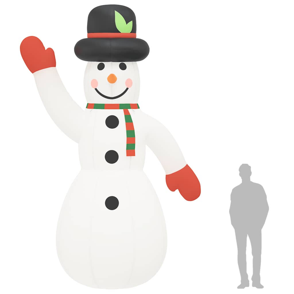 179.1-inch tall inflatable LED snowman in white with black hat, green scarf, and waving arm.