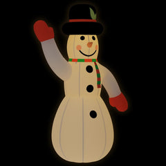 10ft inflatable Christmas snowman with waving arm, red mittens, black hat, green scarf, and multicolor LEDs.