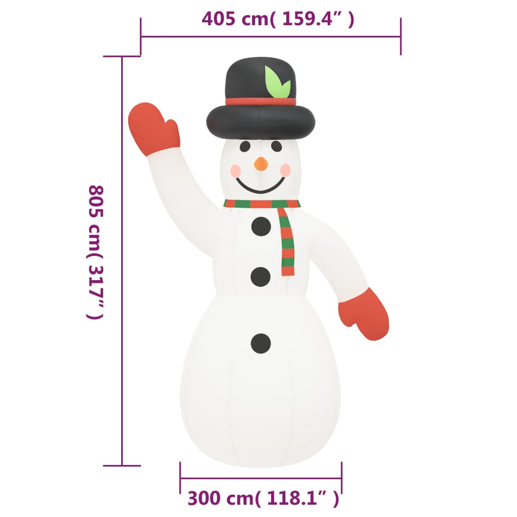 10ft inflatable Christmas snowman with black hat, green leaf, red mittens, green-red scarf, and multicolor LEDs.