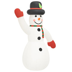 10ft inflatable Christmas snowman with waving arm, black hat, red gloves, green scarf, and multicolor LEDs.