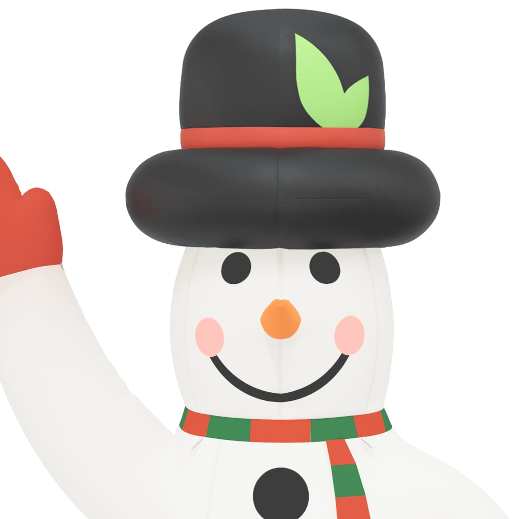 10ft inflatable Christmas snowman with black hat, green leaf, red gloves, green scarf, and multicolor LEDs.