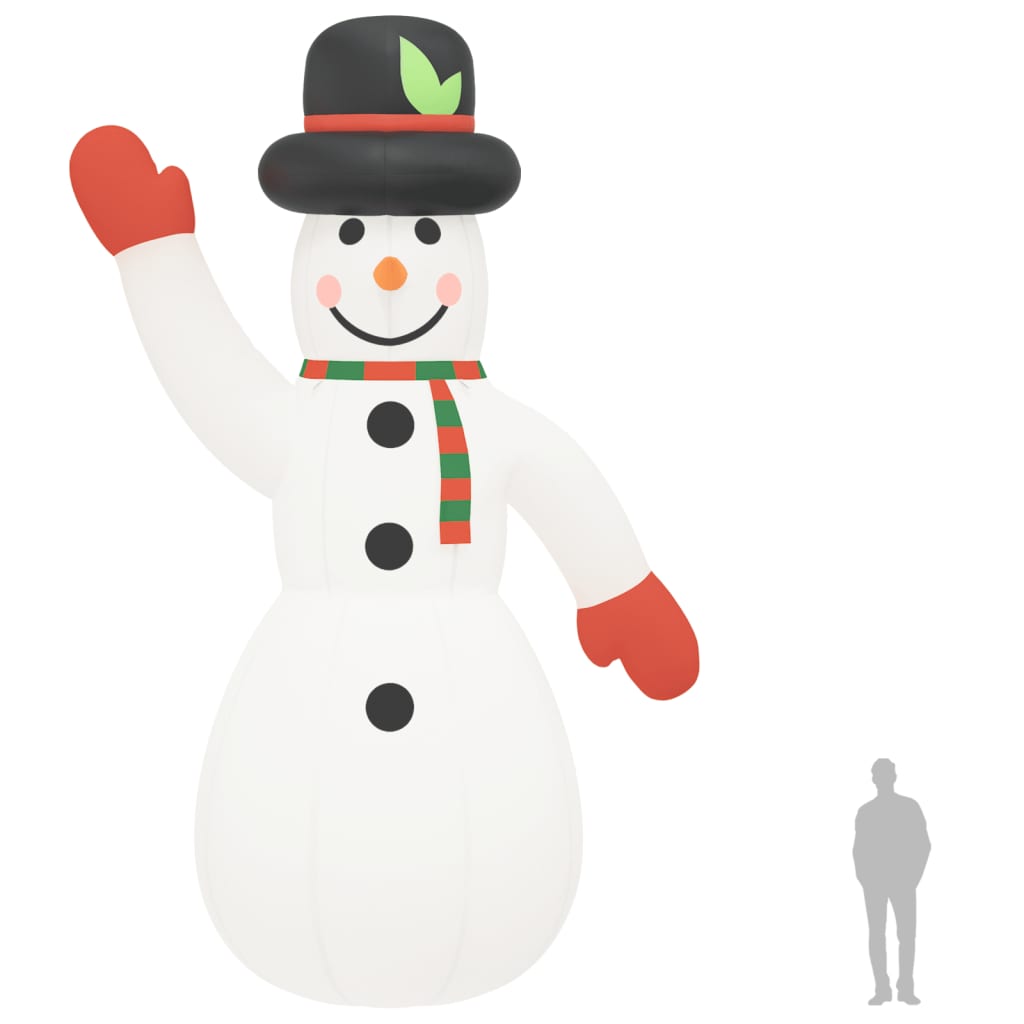 10ft inflatable Christmas snowman waving with black hat, green scarf, red mittens, and multicolor LEDs.