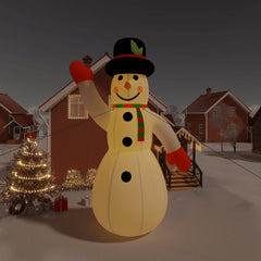 10ft inflatable Christmas snowman with waving arm, scarf, hat, and multicolor LEDs.