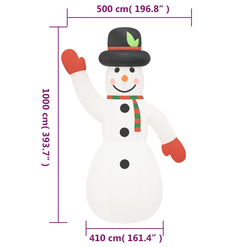 12ft inflatable LED snowman in white Oxford fabric with black hat, green leaf, red mittens, and striped scarf, showing dimensions of 500cm height and 410cm width.