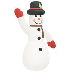 A 12ft white inflatable snowman with black hat, red mittens, green scarf, and LED lights for Christmas decor.