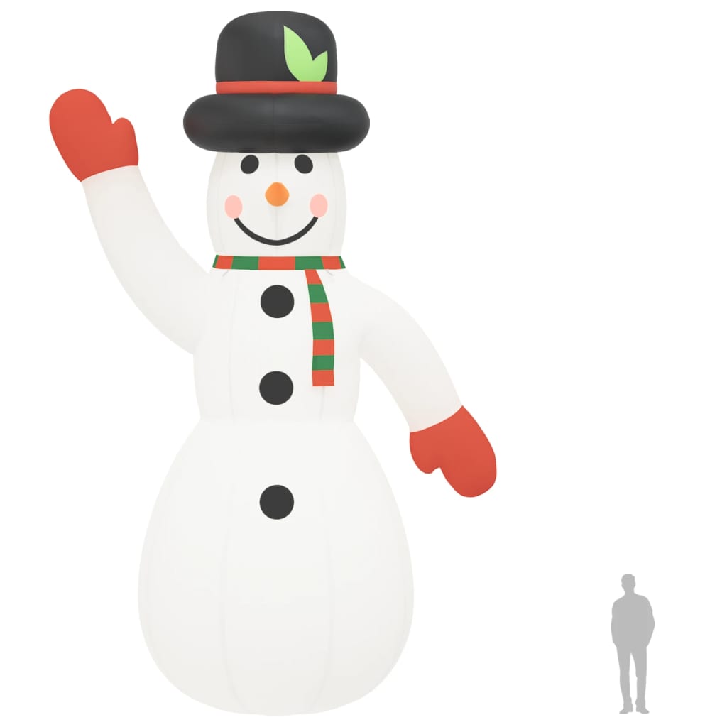 12ft inflatable LED snowman in white Oxford fabric, waving with black hat and green scarf.