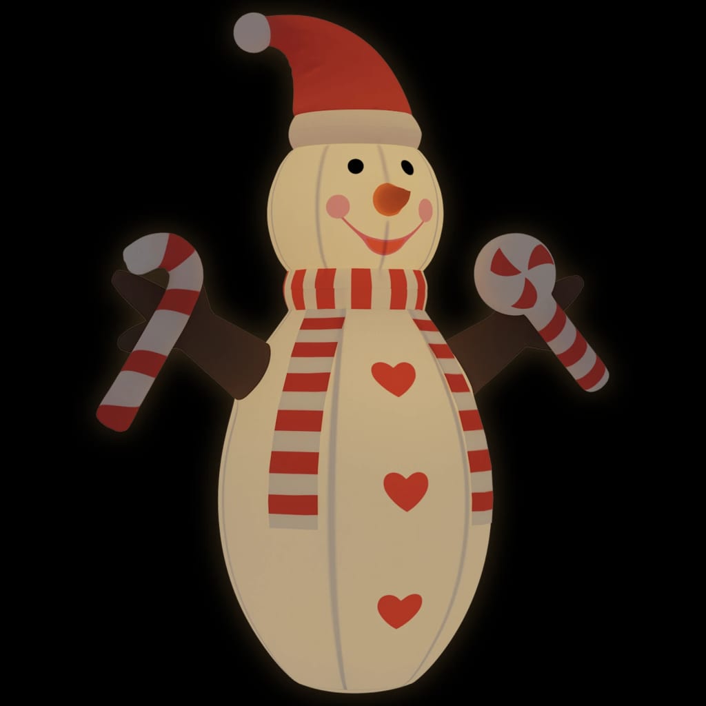 8ft inflatable LED snowman in multicolor Oxford fabric, wearing a red hat, striped scarf with hearts, and holding candy canes.