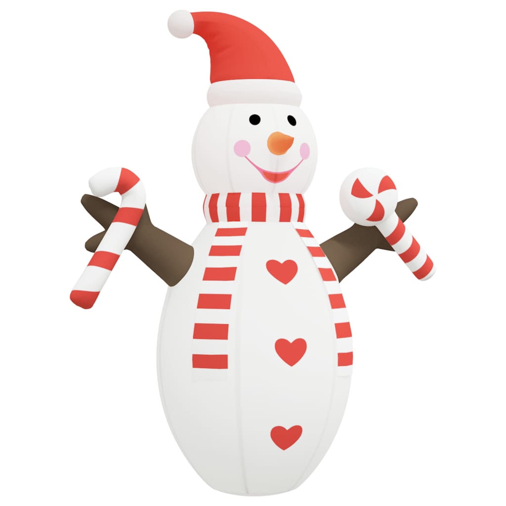 8ft inflatable LED snowman in white with red hat, scarf, hearts, and candy canes.