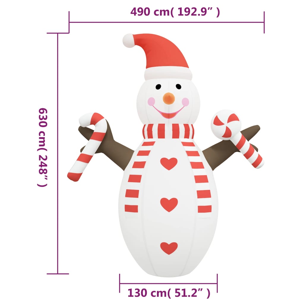 8ft inflatable LED snowman with red hat, striped scarf, and candy canes on Oxford fabric.