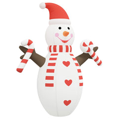 8ft inflatable LED snowman in white with red hat, scarf, hearts, and candy canes.