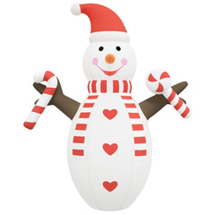 8ft inflatable LED snowman with red hat, striped scarf, and candy canes.