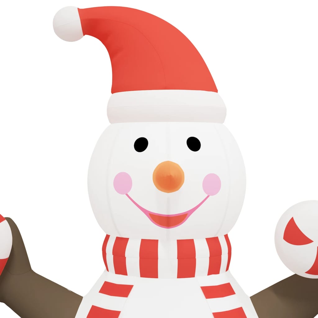 8ft inflatable LED snowman with red hat, scarf, and candy cane, made of multicolor Oxford fabric.