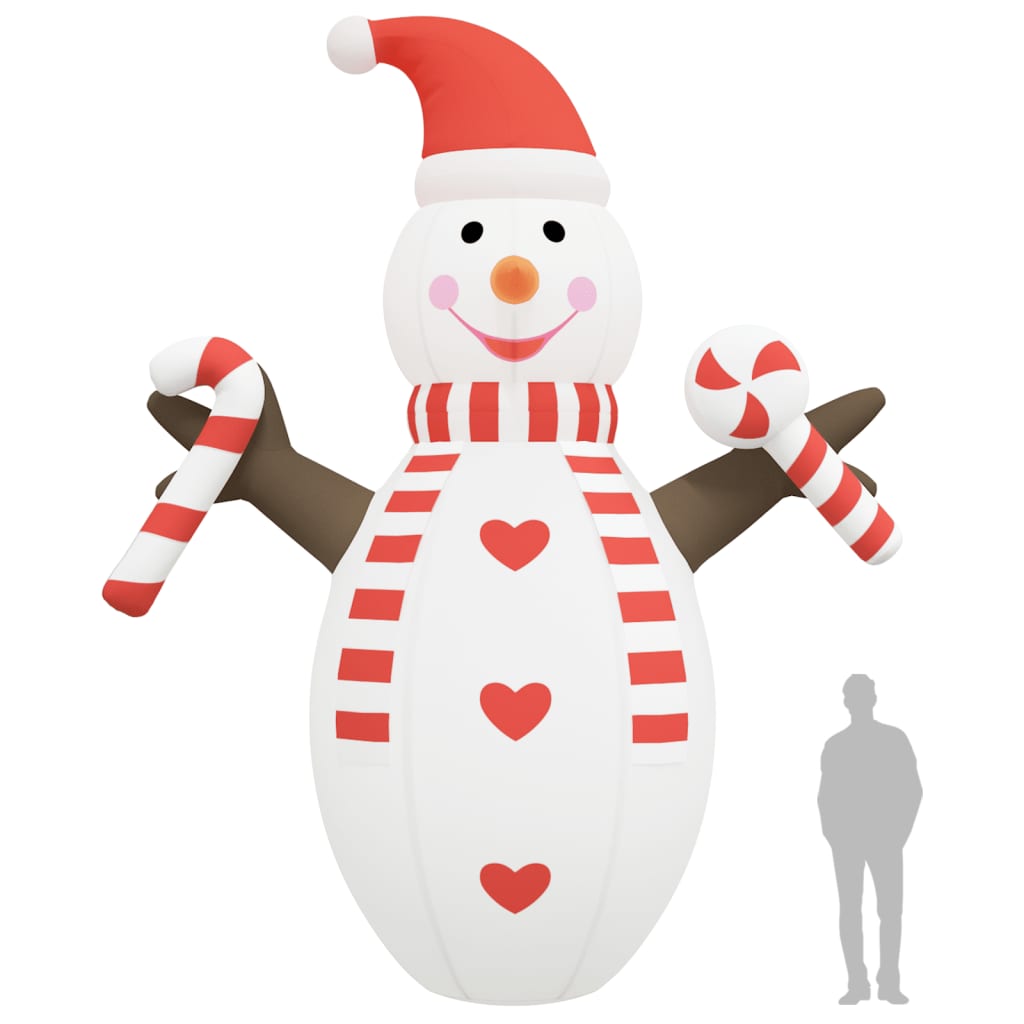 An 8-foot inflatable LED snowman made of multicolor Oxford fabric, wearing a red hat and scarf, holding candy canes, with a person for scale.