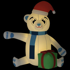 70.9-inch inflatable LED teddy bear in white with red Santa hat, blue scarf, and green gift.