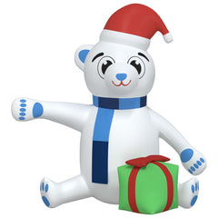 70.9-inch inflatable LED teddy bear in white with red Santa hat, blue scarf, and multicolor lights holding a gift.