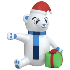 70.9-inch inflatable LED teddy bear in white with red Santa hat, blue scarf, and holding a green gift.