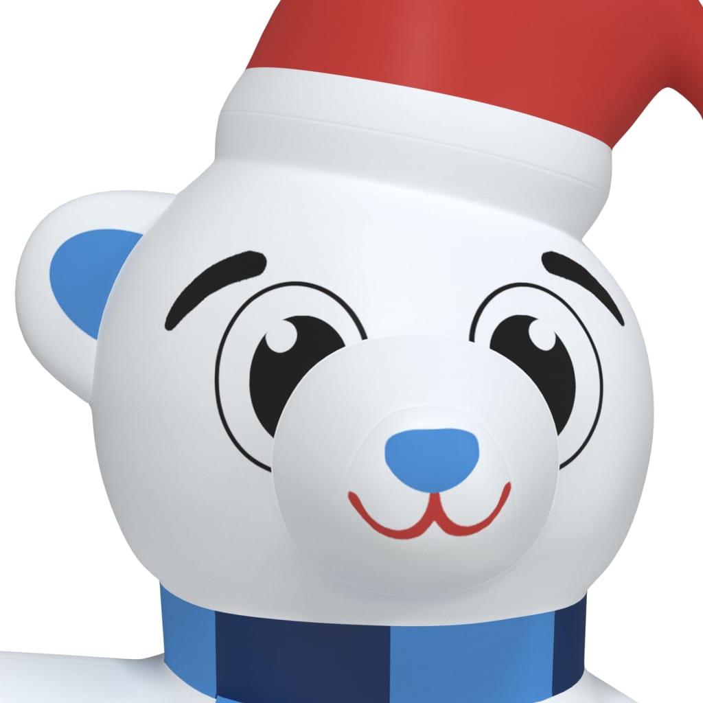 70.9-inch inflatable LED teddy bear in white with red Santa hat, blue scarf, and multicolor lights.