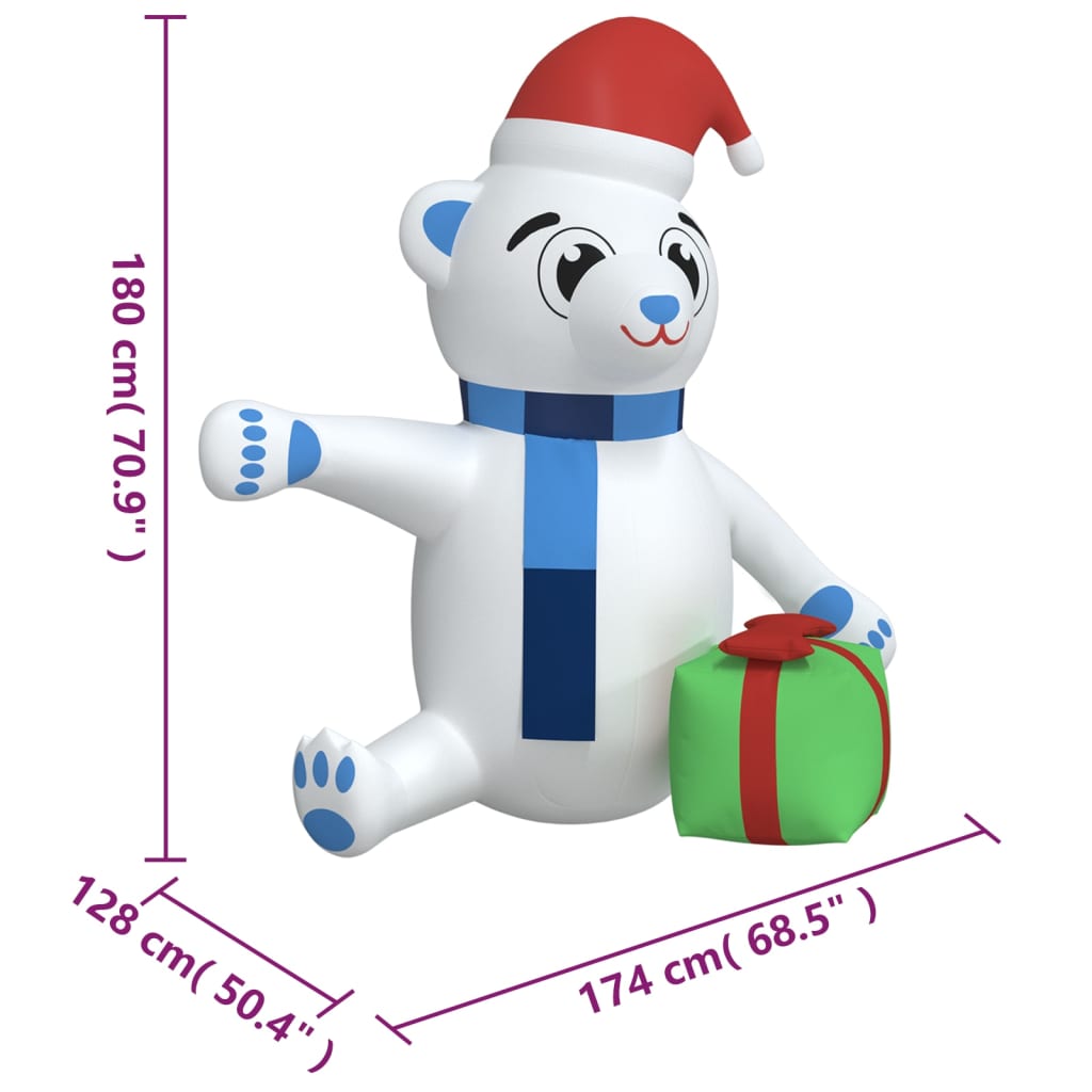 70.9-inch inflatable LED teddy bear in white with red Santa hat, blue scarf, and green gift.