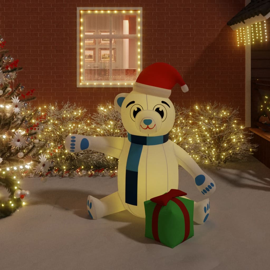 70.9-inch inflatable LED teddy bear in white with red Santa hat, blue scarf, and green gift.