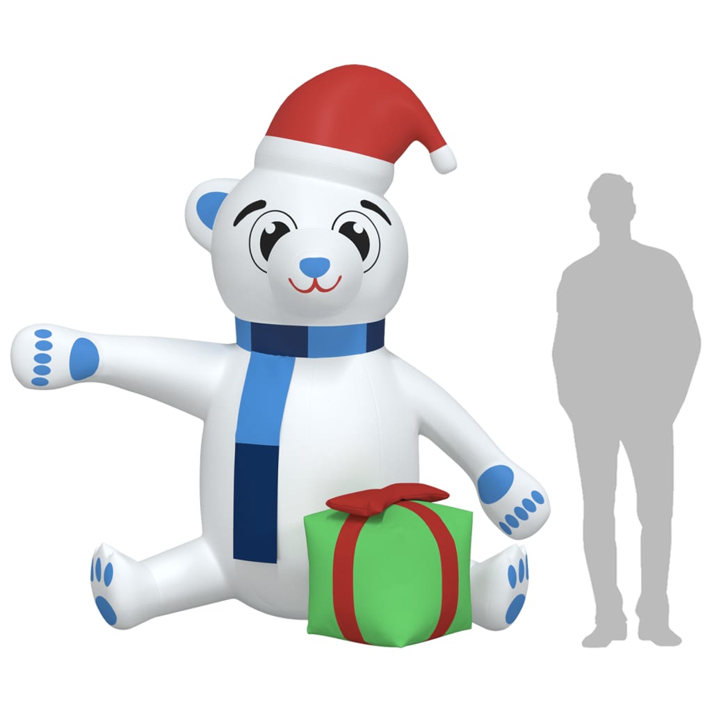 94.5-inch multicolor inflatable teddy bear with LED lights, red Santa hat, blue scarf, and green gift box, shown next to a person for scale.