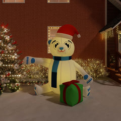 94.5-inch inflatable teddy bear with LED lights, Santa hat, scarf, and green gift.
