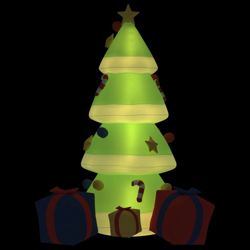 A 94.5-inch inflatable LED Christmas tree with gifts at its base, glowing in the dark.