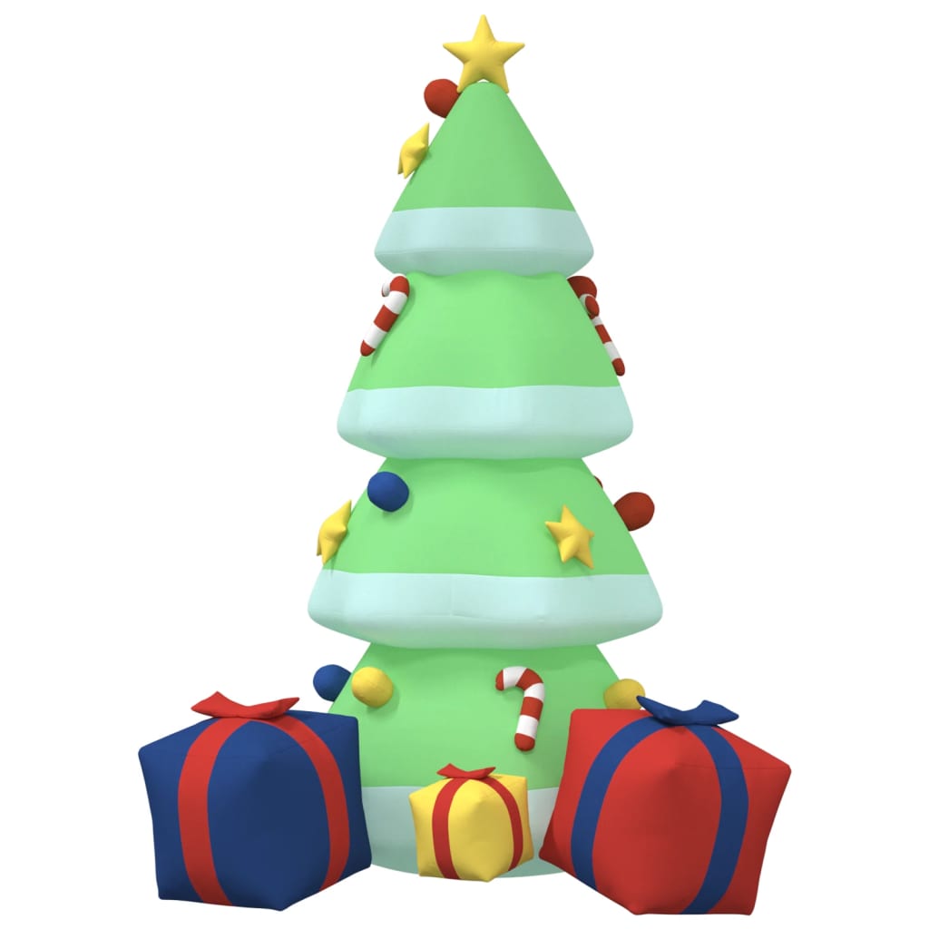 94.5-inch green inflatable LED Christmas tree with multicolor lights, ornaments, and gifts at base.