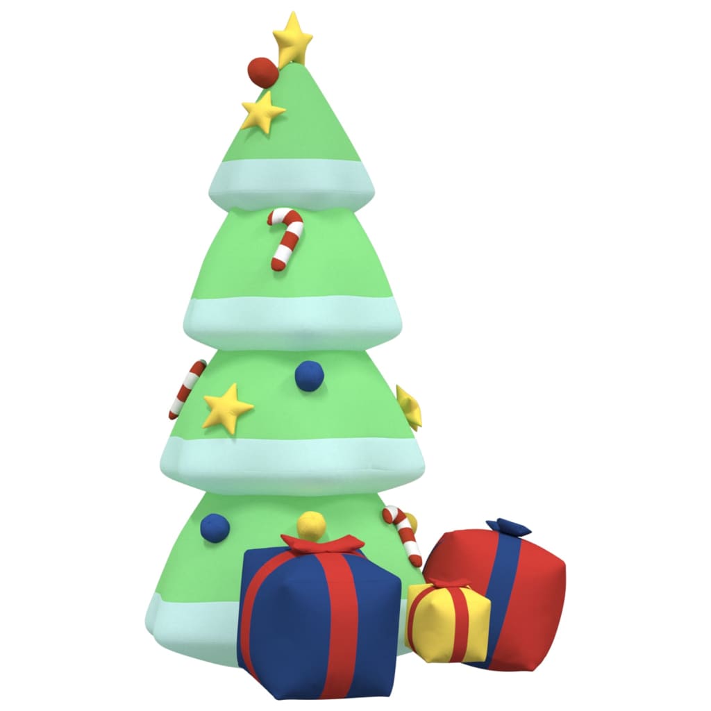 94.5-inch inflatable LED Christmas tree in multicolor Oxford fabric with lights and gifts.
