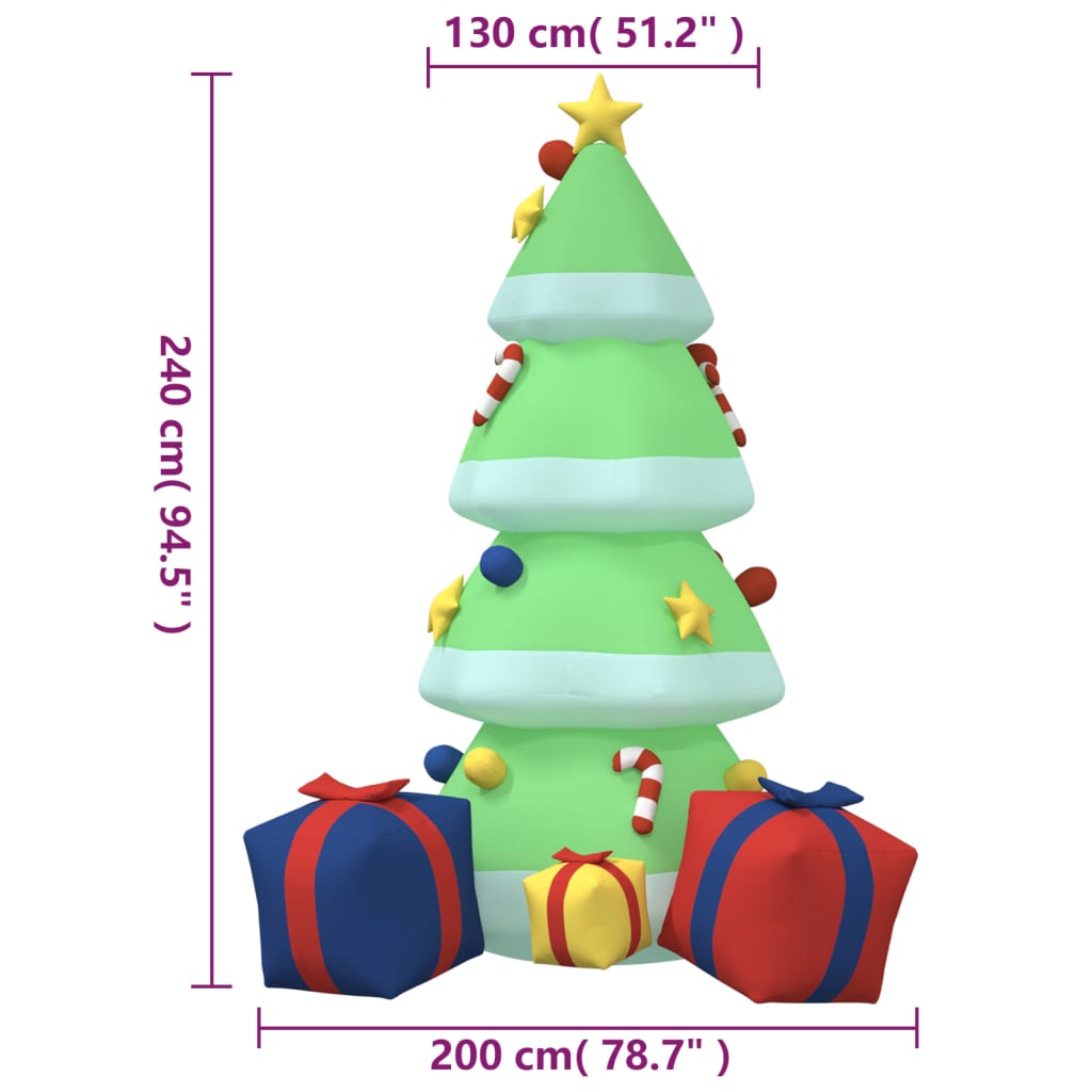 94.5-inch green inflatable LED Christmas tree with multicolor lights, candy canes, stars, and gifts on a white base.