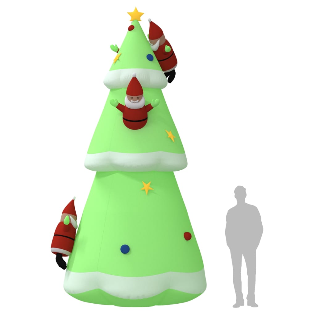 6.5ft inflatable LED Christmas tree in green with multicolor lights, elves, and Santa figures.
