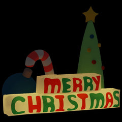 77.6-inch inflatable Merry Christmas yard decoration with LED lights, tree, candy cane, and ornaments.