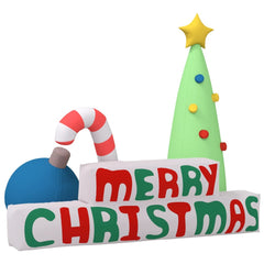 77.6-inch inflatable Merry Christmas yard decoration with LED lights, tree, ornaments, and candy cane.