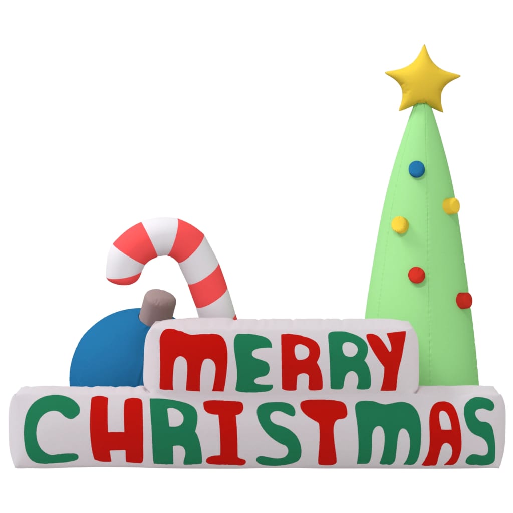 77.6-inch inflatable Merry Christmas yard decoration with LED lights, tree, and candy cane.