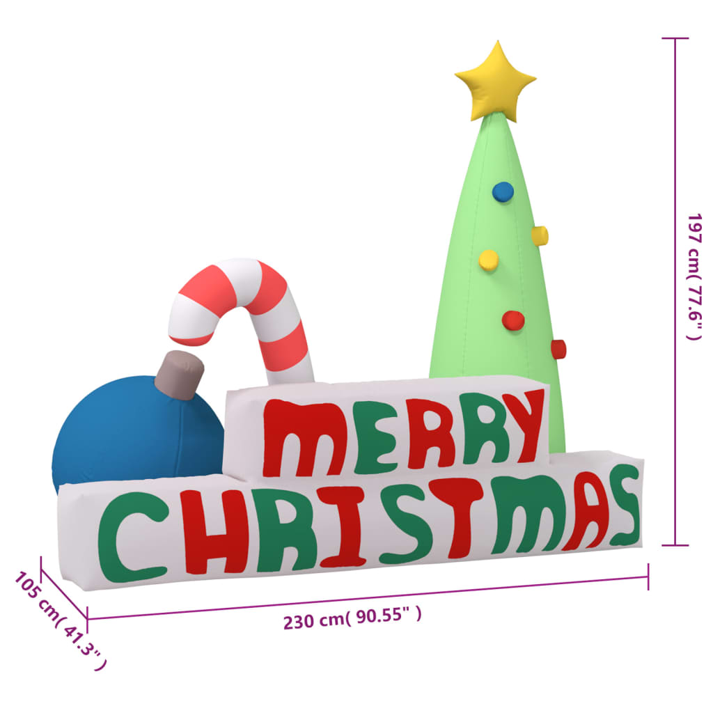 77.6-inch inflatable Merry Christmas yard decoration with LED lights, tree, bomb, and candy cane.