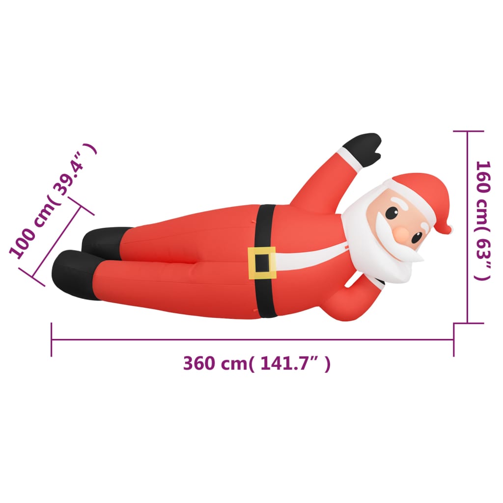 63-inch inflatable lying Santa with multicolor LED lights, dimensions shown.