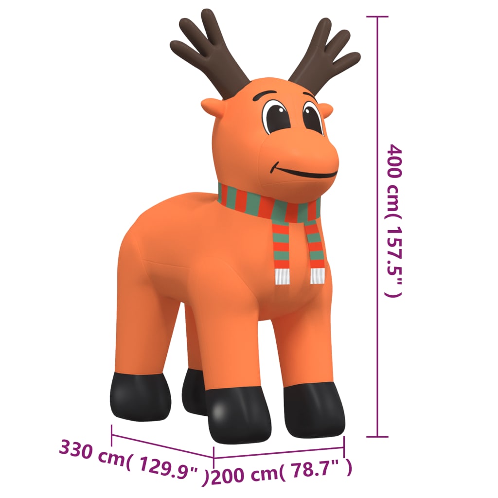 Orange inflatable LED reindeer with scarf, 157.5 inches tall, with dimensions shown.