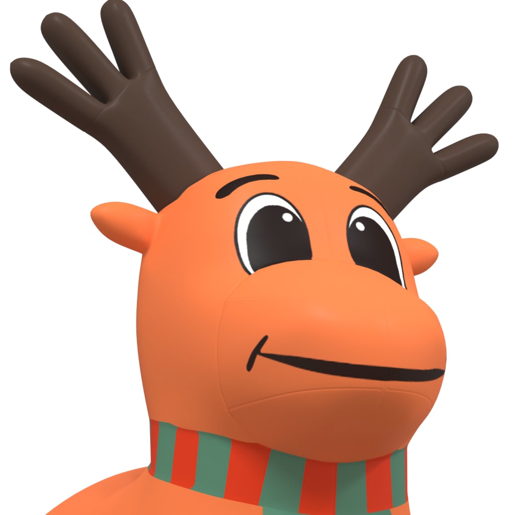 Orange inflatable Christmas reindeer with antlers, smiling face, striped scarf, and LEDs, 196.9 inches tall.