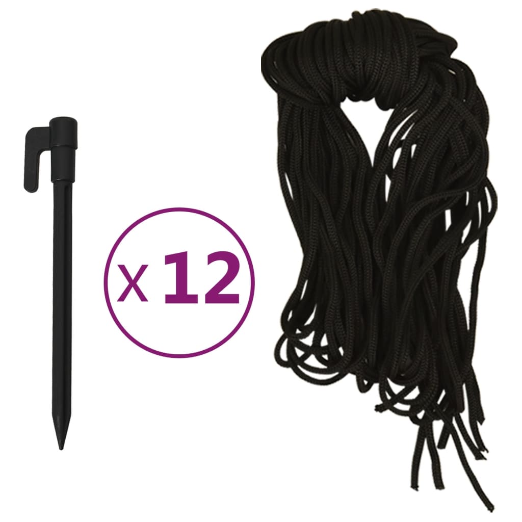 Black plastic ground stakes and ropes for securing a Christmas inflatable reindeer, 12-pack.
