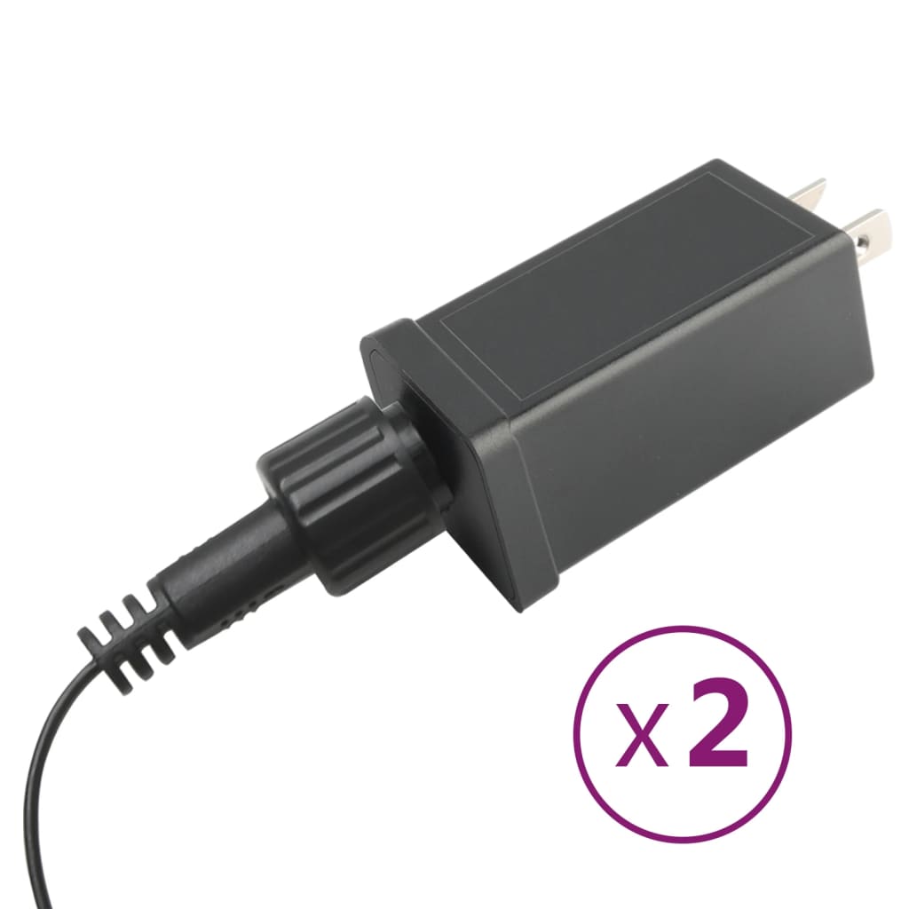 Two black waterproof power adapters with plugs and cords for LED inflatables.
